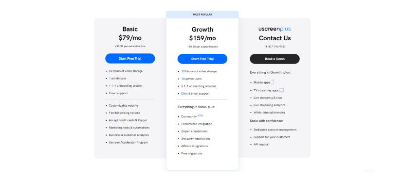 uscreen pricing screenshot