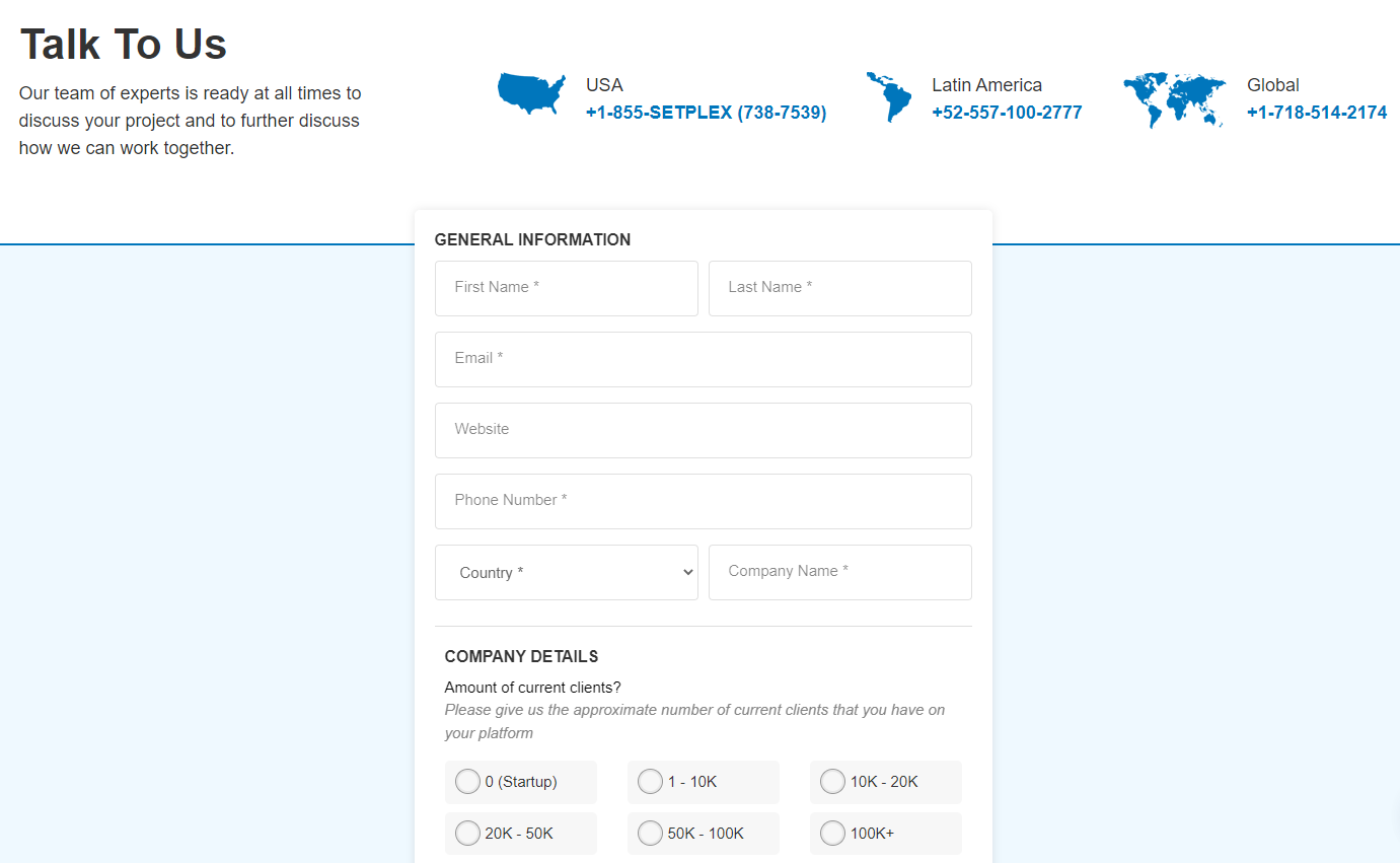 setplex contact form page screenshot