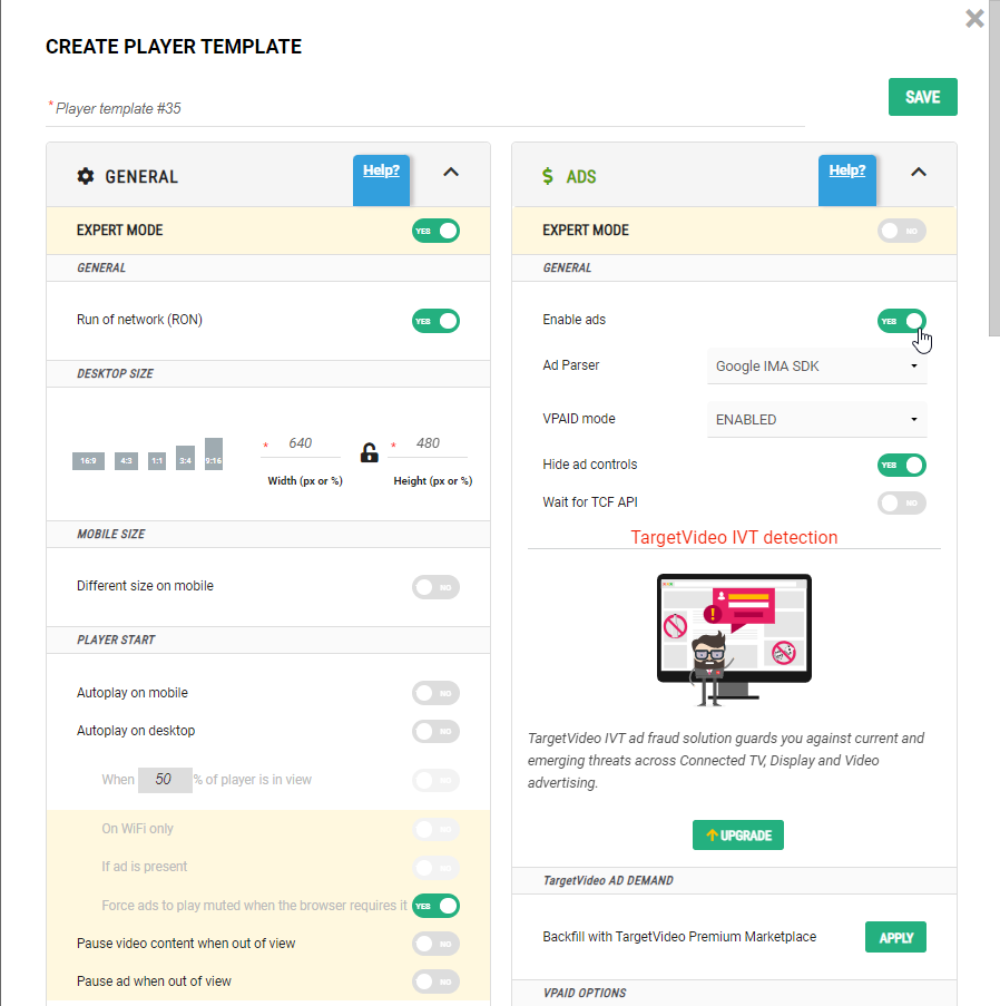 create player template window